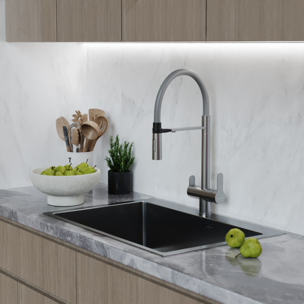 Смеситель для кухни 35k MIXLINE MLSS-0401 СЕРЫЙ гиб. излив магнит, подкл.к фильтру, п/гайку САТИН